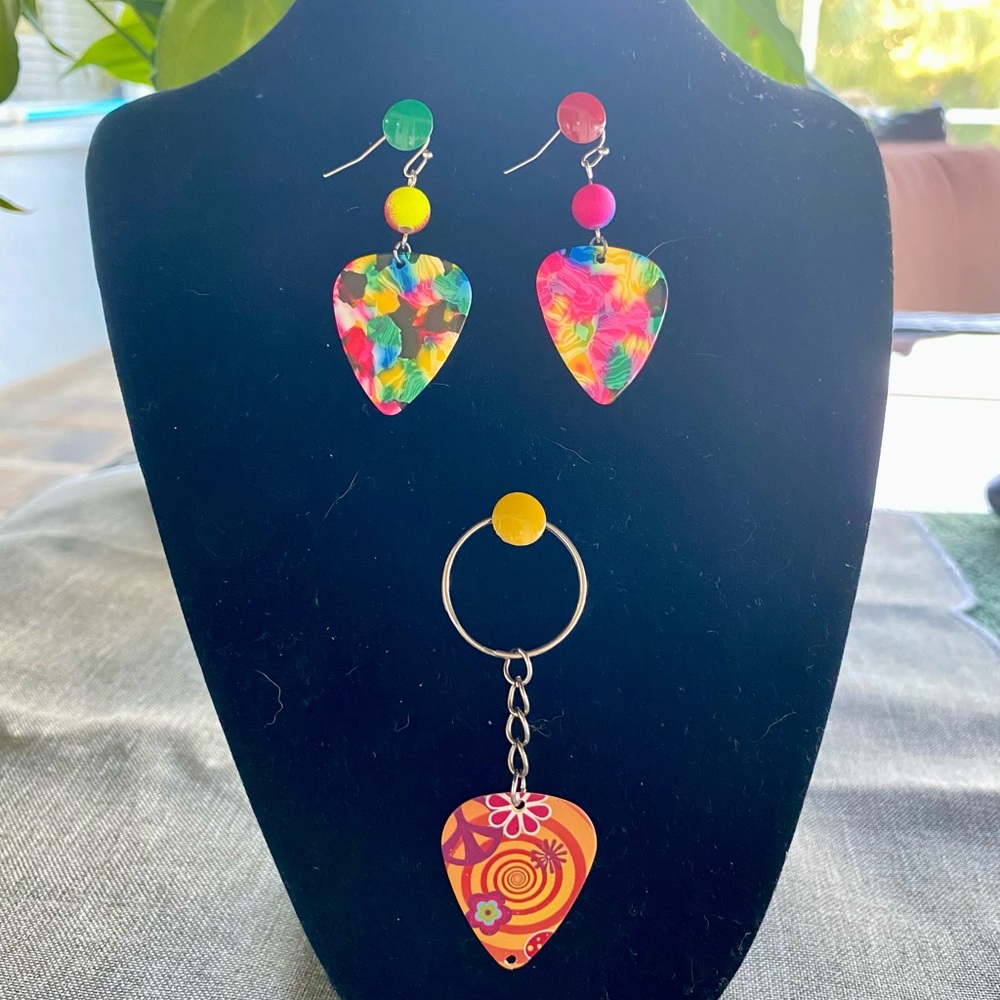 Tie Dye Guitar pick earrings and keychain